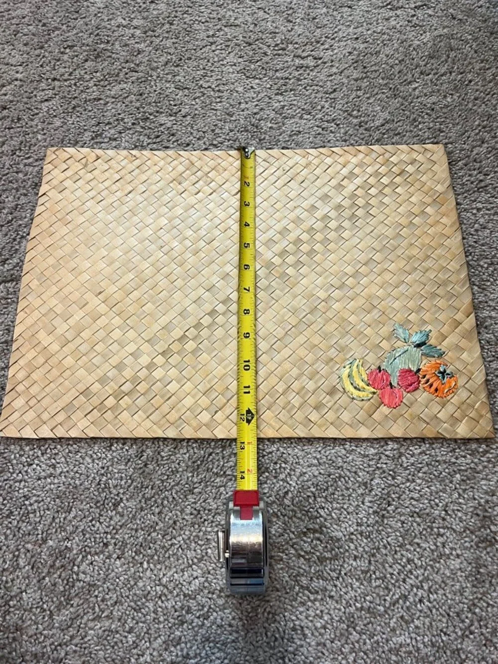 Set Of 4 Vintage Woven Straw Placemats With Embroidered Fruit Design